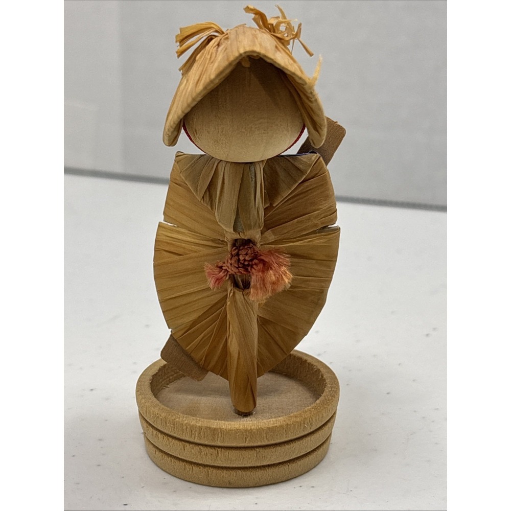 Vintage Japanese Hand Painted Kokeshi Wooden Straw Hat Doll Figurine 3.5" - Picture 3 of 6